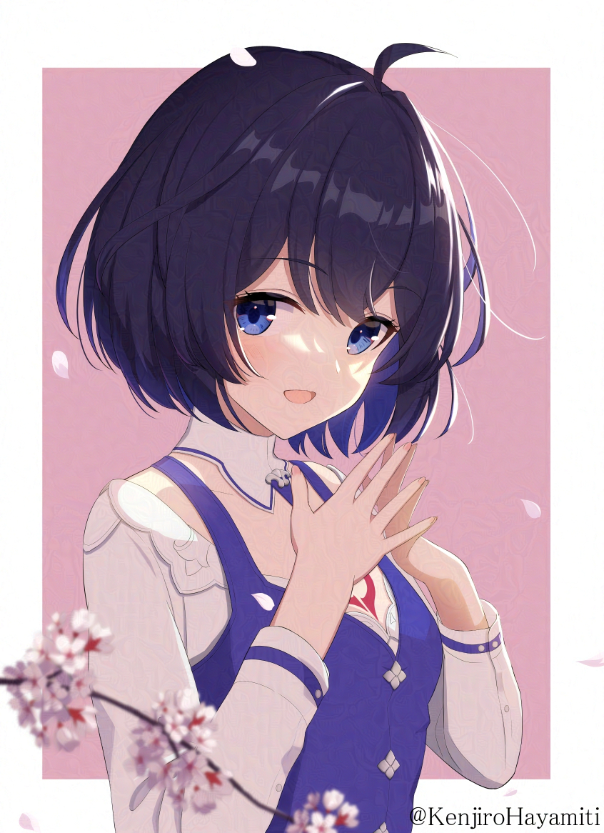 1girl, :d, ahoge, black_hair, blue_eyes, blue_hair, blue_vest, blurry