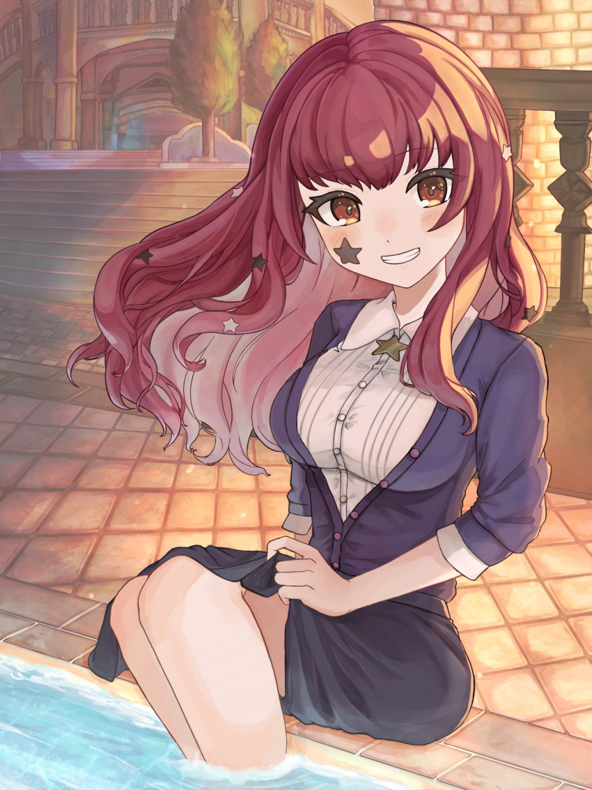 1girl, black_skirt, buttons, casual, collared_shirt, facial_mark, fire_emblem, fire_emblem_engage, hair_ornament, highres, kans0u55, long_hair, looking_at_viewer, official_alternate_costume, on_floor, partially_submerged, red_eyes, redhead, shirt, sitting, skirt, smile, solo, star_(symbol), sweater, water, white_shirt, yunaka_(fire_emblem)