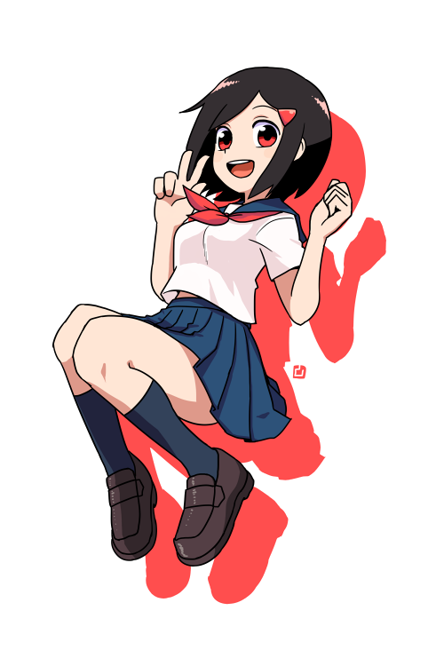 1girl, :d, black_hair, blue_sailor_collar, blue_skirt, blue_socks, borrowed_character, breasts
