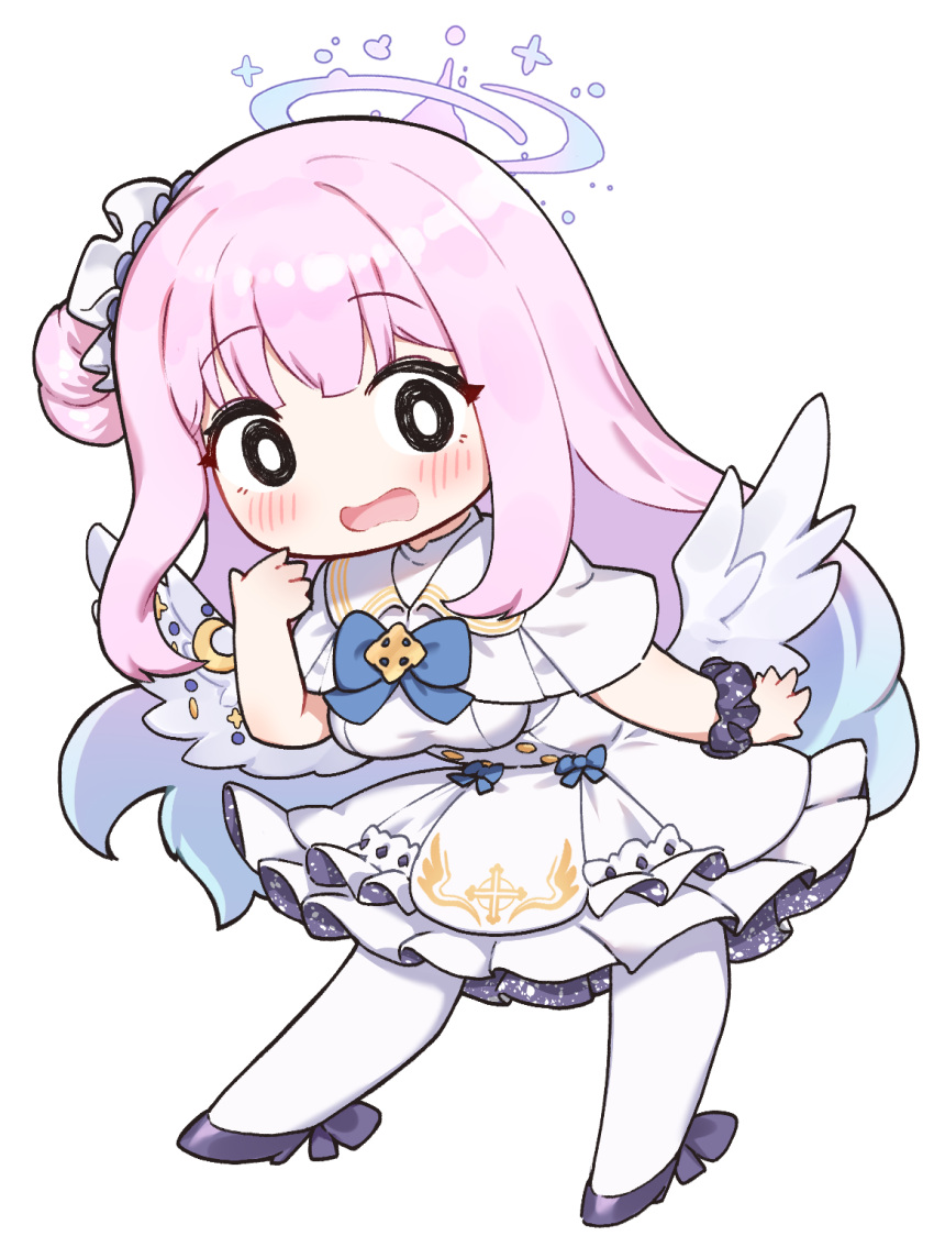 1girl, angel_wings, blue_archive, blunt_bangs, bow, capelet, chibi, commentary_request