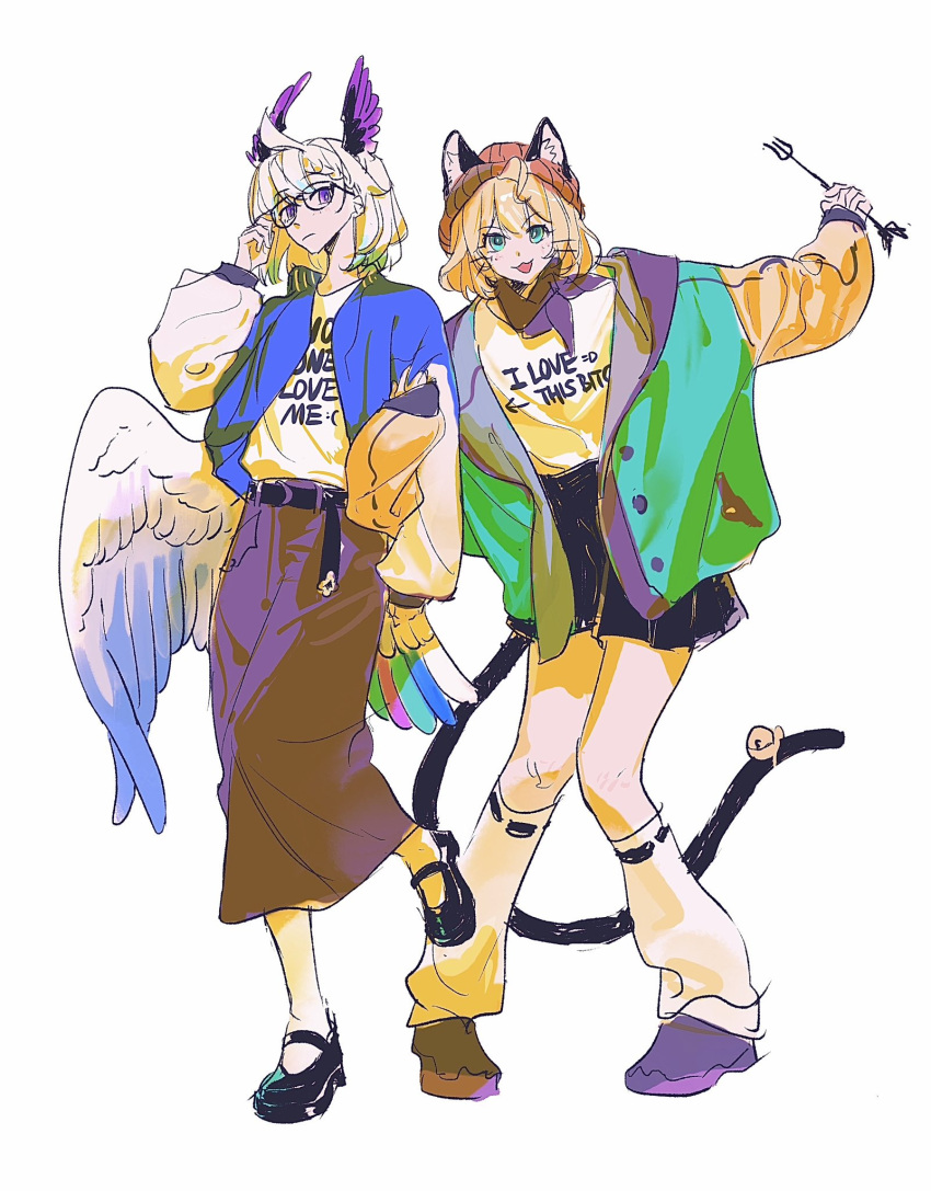 2girls, :3, ahoge, animal_ears, beanie, belt, bird_girl, bird_tail, black_belt, black_footwear, black_skirt, blonde_hair, blue_hair, blue_jacket, blush, cat_ears, cat_girl, cat_tail, clothes_writing, enna_alouette, fork, glasses, green_eyes, green_jacket, hair_ornament, hairclip, hat, head_wings, highres, jacket, long_skirt, looking_at_viewer, loose_socks, millie_parfait, mockingbird0009, multicolored_hair, multiple_girls, neckerchief, nijisanji, nijisanji_en, orange_headwear, purple_footwear, purple_neckerchief, purple_skirt, purple_wings, shirt, shirt_tucked_in, skirt, smile, socks, tail, violet_eyes, virtual_youtuber, white_background, white_shirt, white_socks, white_wings, wings