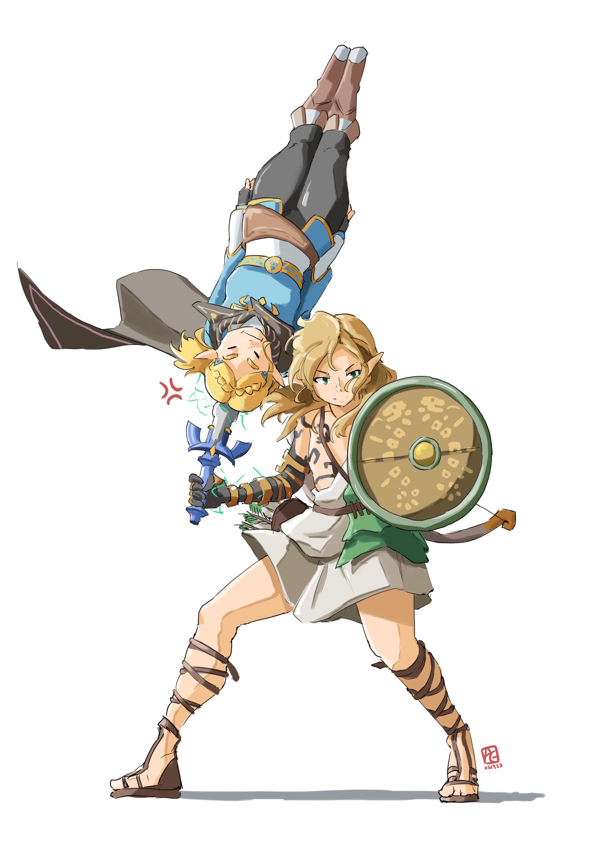 1boy, 1girl, :i, anger_vein, annoyed, automatic_giraffe, black_pants, blonde_hair, blue_eyes, blue_shirt, boots, brown_footwear, cape, closed_eyes, frown, full_body, highres, holding, human_weapon, link, master_sword, official_alternate_costume, official_alternate_hair_length, official_alternate_hairstyle, pants, pointy_ears, pout, princess_zelda, shadow, shirt, short_hair, simple_background, sunrise_stance, the_legend_of_zelda, the_legend_of_zelda:_breath_of_the_wild, the_legend_of_zelda:_tears_of_the_kingdom, thick_thighs, thighs, v-shaped_eyebrows, white_background
