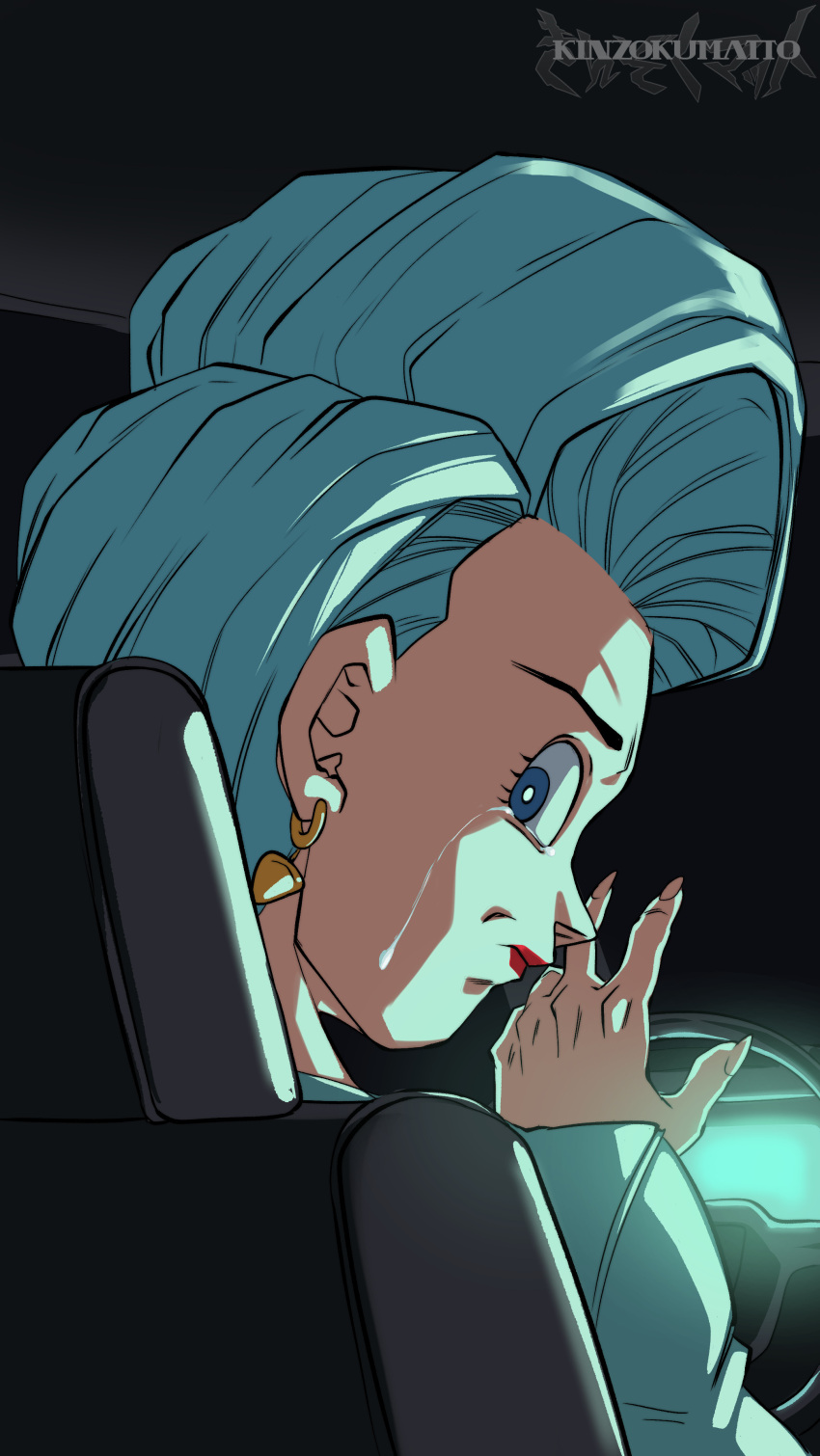 1girl, absurdres, artist_name, blue_eyes, blue_hair, bulma, car_interior, commentary