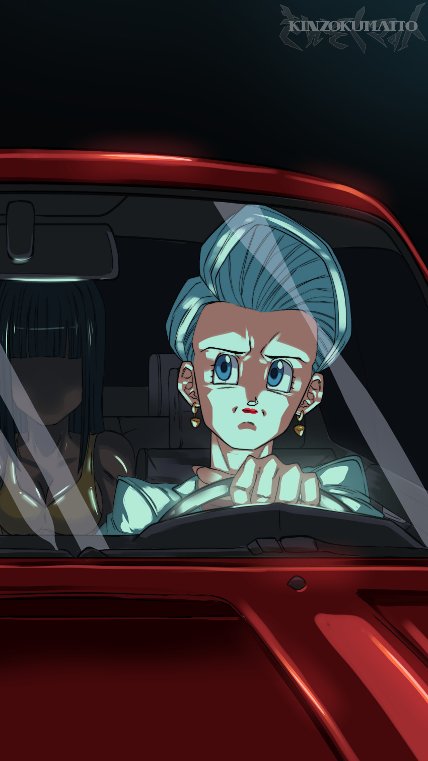 2girls, absurdres, artist_name, blue_eyes, blue_hair, blunt_bangs, bulma, car
