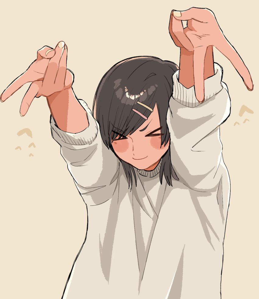 >_<, 1girl, alexkota1115, arms_up, closed_eyes, closed_mouth, gyaru_v, hair_ornament, hairclip, highres, long_sleeves, original, short_hair, sweater, swept_bangs, tomboy, upper_body, v, v-shaped_eyebrows, white_background, white_sweater