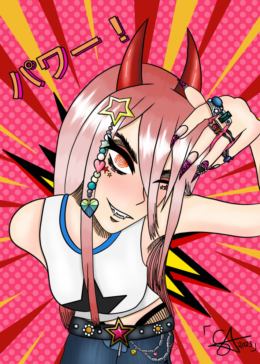 1girl, belt, blood_devil_(chainsaw_man), chainsaw_man, claws, colorful, cross-shaped_pupils, demon