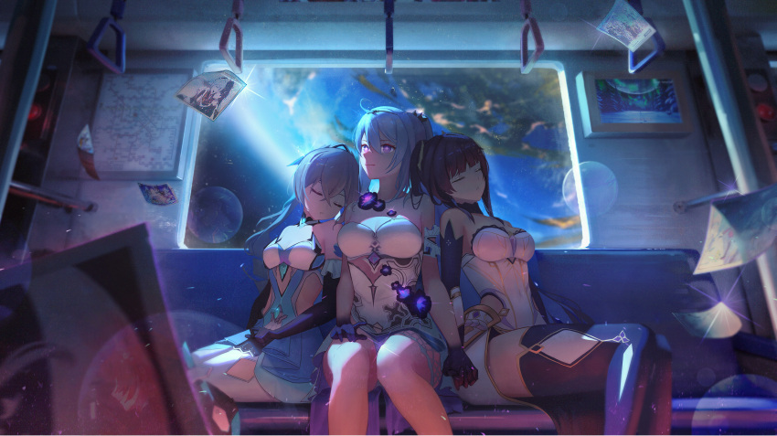 3girls, absurdres, ahoge, armored_leotard, bare_shoulders, black_gloves, breasts, bronya_zaychik