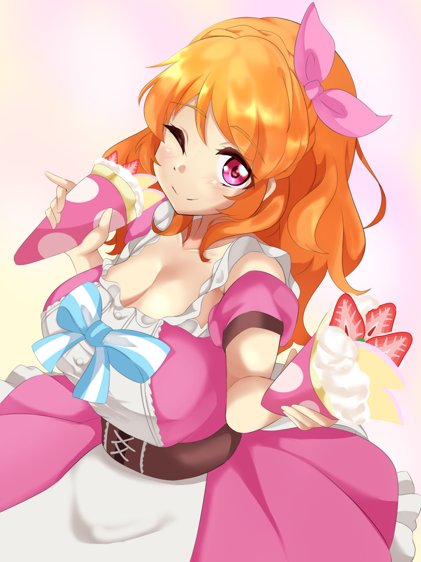 1girl, ;), absurdres, aikatsu!, aikatsu!_(series), bow, braid, breasts, crepe, crown_braid, dress, eine_(ein-faust), food, fruit, highres, large_breasts, long_hair, one_eye_closed, oozora_akari, orange_hair, pink_eyes, pink_ribbon, ribbon, smile, solo, strawberry