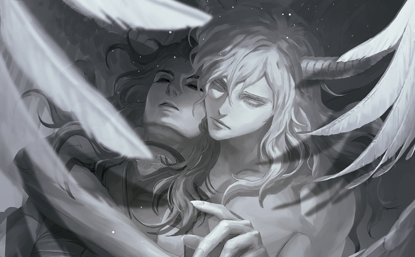 2boys, aleph_(megami_tensei), angel, angel_wings, arm_over_shoulder, black_hair, closed_eyes, closed_mouth