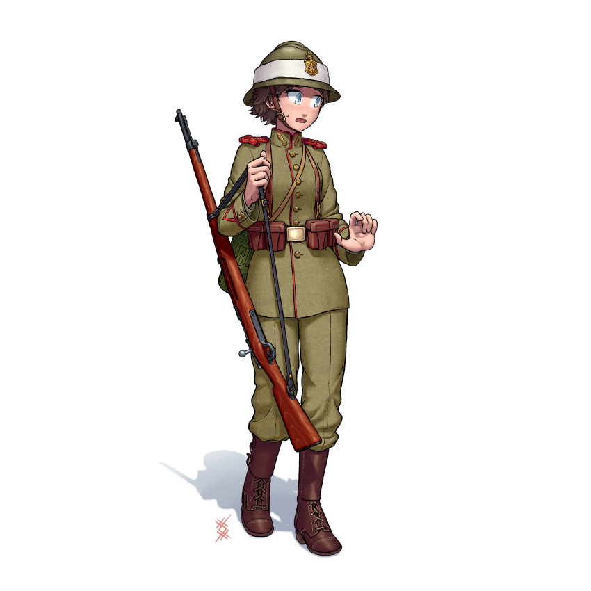 1girl, absurdres, adrian_helmet, ammunition_pouch, belt, blue_eyes, boots, brown_footwear