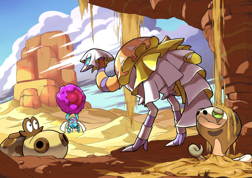 boulder, clouds, colored_sclera, desert, espathra, green_sclera, highres, hippopotas