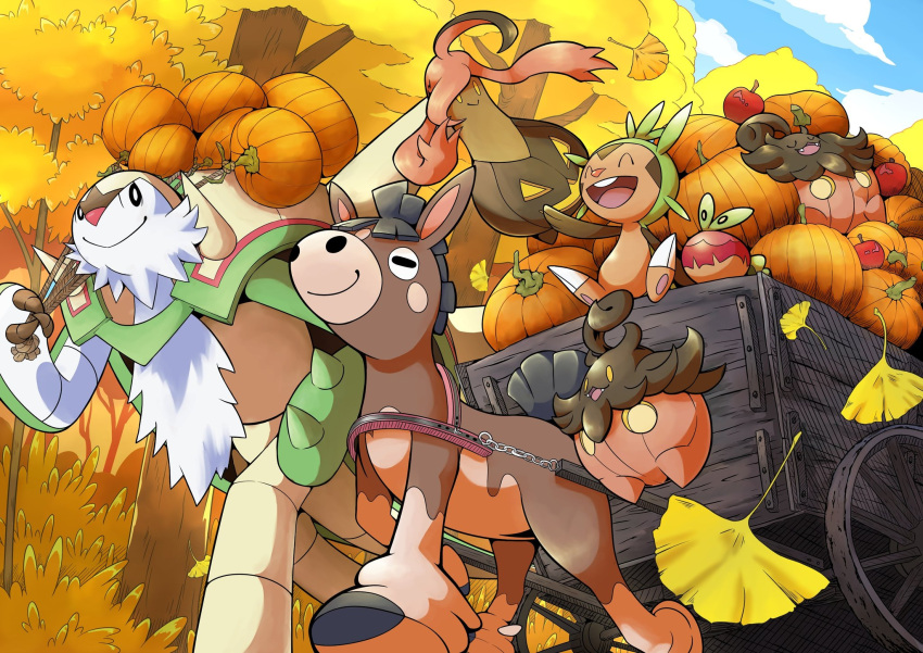 applin, blue_sky, carriage, chesnaught, chespin, closed_mouth, clouds, ginkgo, gourgeist, highres, looking_at_another, mudbray, open_mouth, outdoors, pokemon, pokemon_(creature), pumpkaboo, pumpkin, q-chan, rope, sky, sleeping, smile, tree