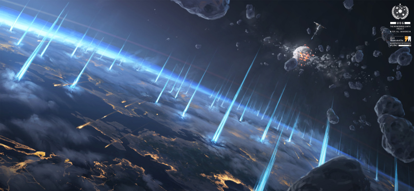 artist_logo, asteroid, debris, earth_(planet), english_text, explosion, highres, light_rays, no_humans, original, planet, rock, scenery, science_fiction, space, spacecraft, twitter_username, yucong_tang, zero_gravity