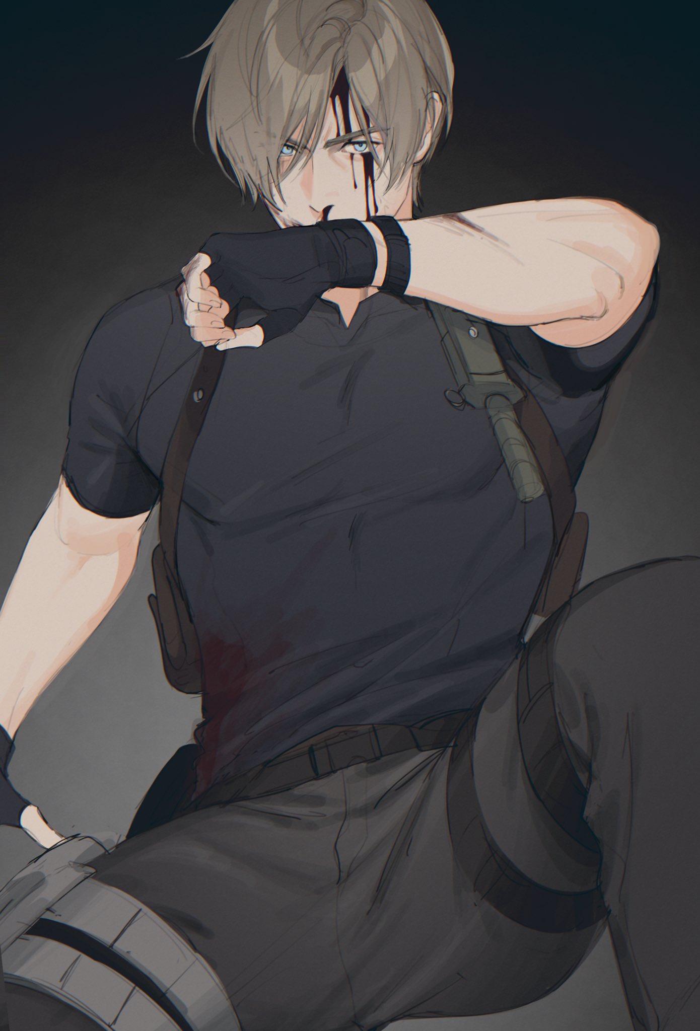 1boy, abs, belt, black_gloves, black_shirt, blood, blue_eyes, brown_hair, covered_abs, english_commentary, fingerless_gloves, gloves, highres, holster, knife, knife_holster, leg_holster, leon_s._kennedy, looking_at_viewer, male_focus, montaro, pants, pectorals, resident_evil, resident_evil_4, resident_evil_4_(remake), shirt, short_hair, short_sleeves, shoulder_holster, solo, spread_legs