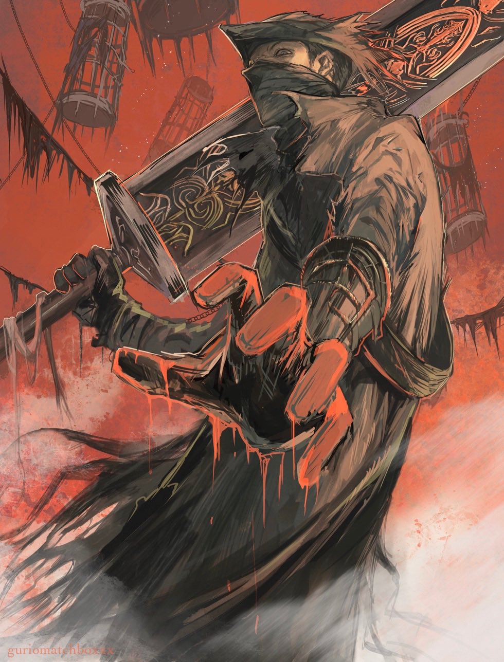 1boy, artist_name, black_coat, black_gloves, black_headwear, blood, blood_on_hands, bloodborne