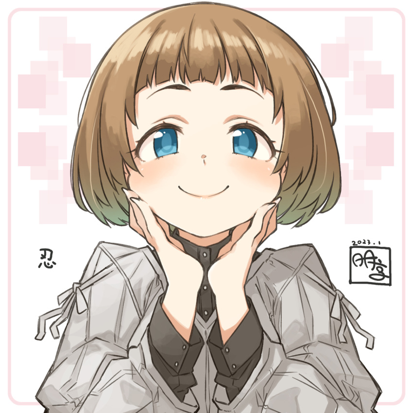 1girl, akanekusare, artist_name, black_shirt, blue_eyes, blush, brown_hair, character_name