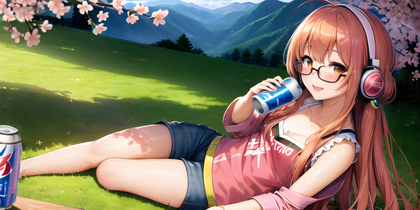 1girl, :d, ahoge, awwesomeai, bangs, bare_shoulders, beer_can, blush
