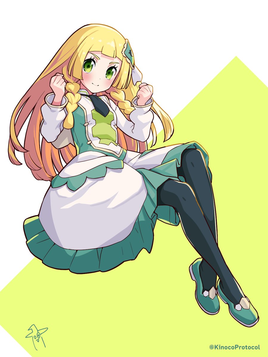 1girl, ascot, black_ascot, black_pantyhose, blonde_hair, blunt_bangs, blush, braid