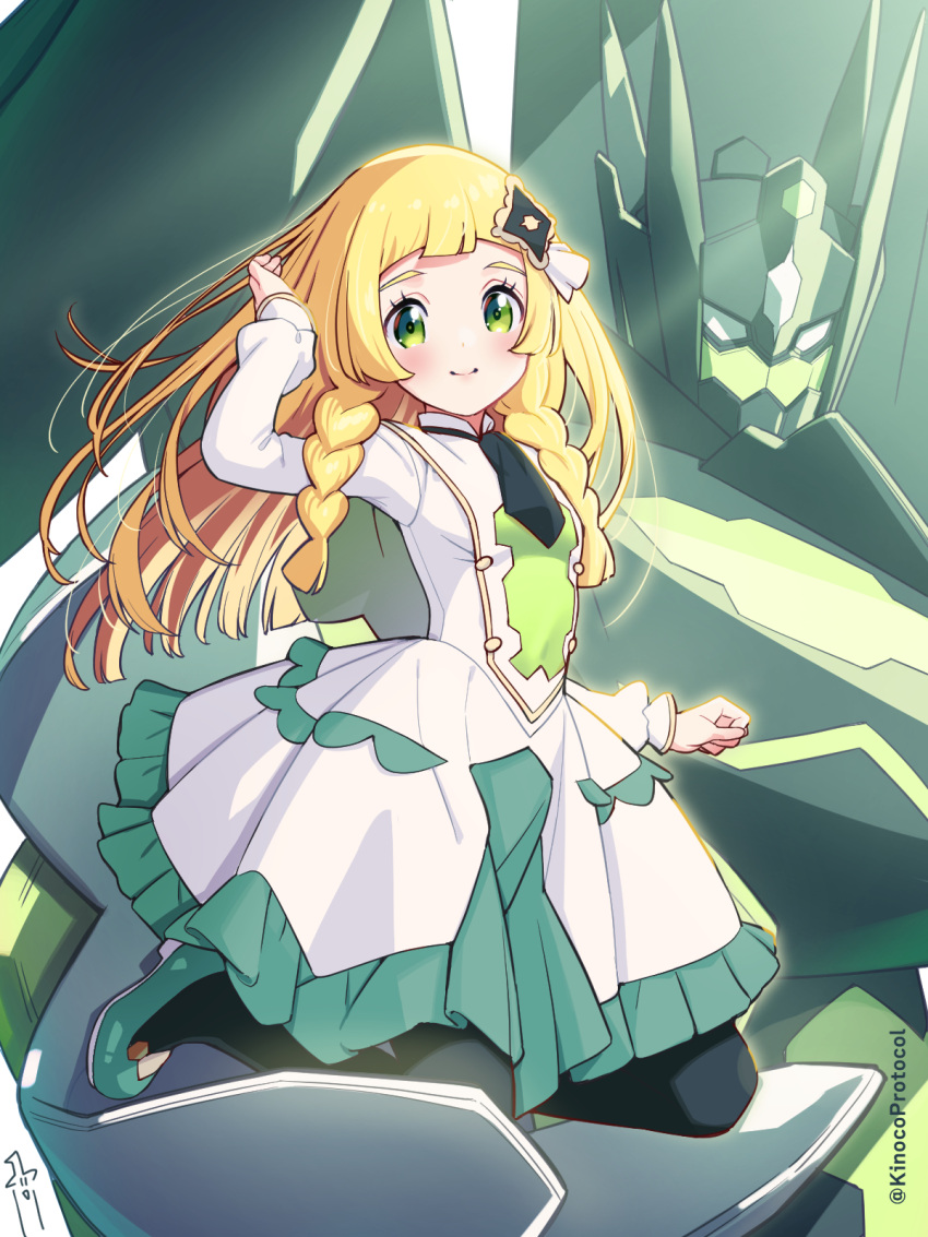 1girl, alternate_color, ascot, black_ascot, black_pantyhose, blonde_hair, blunt_bangs, blush