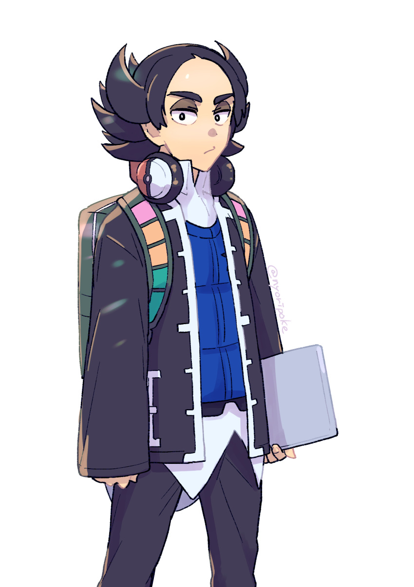 1boy, absurdres, black_eyes, black_hair, black_jacket, black_pants, blue_vest, bright_pupils