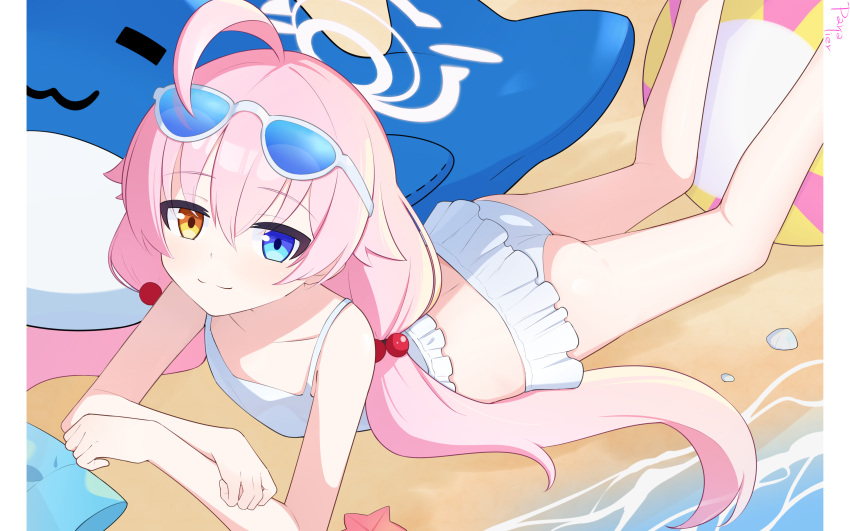 1girl, absurdres, bare_arms, bare_legs, blue_archive, blue_eyes, eyewear_on_head, halo, heterochromia, highres, hoshino_(blue_archive), long_hair, looking_at_viewer, low_twintails, official_alternate_costume, paralier, pink_hair, solo, sunglasses, swimsuit, twintails, yellow_eyes
