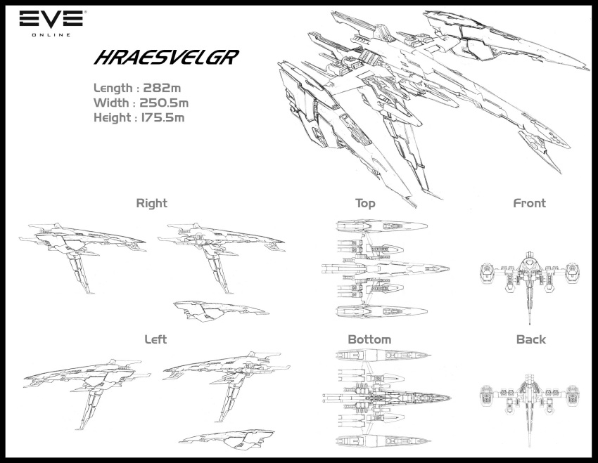 commentary, concept_art, copyright_name, destroyer_(eve_online), english_text, eve_online, from_above, from_behind, from_below, from_side, greyscale, highres, lineart, logo, military, military_vehicle, monochrome, multiple_views, no_humans, original, rekkou, science_fiction, spacecraft, thrusters