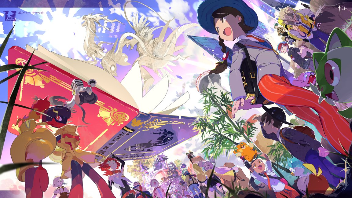 6+boys, 6+girls, :d, arm_up, armarouge, arven_(pokemon), atticus_(pokemon), backpack