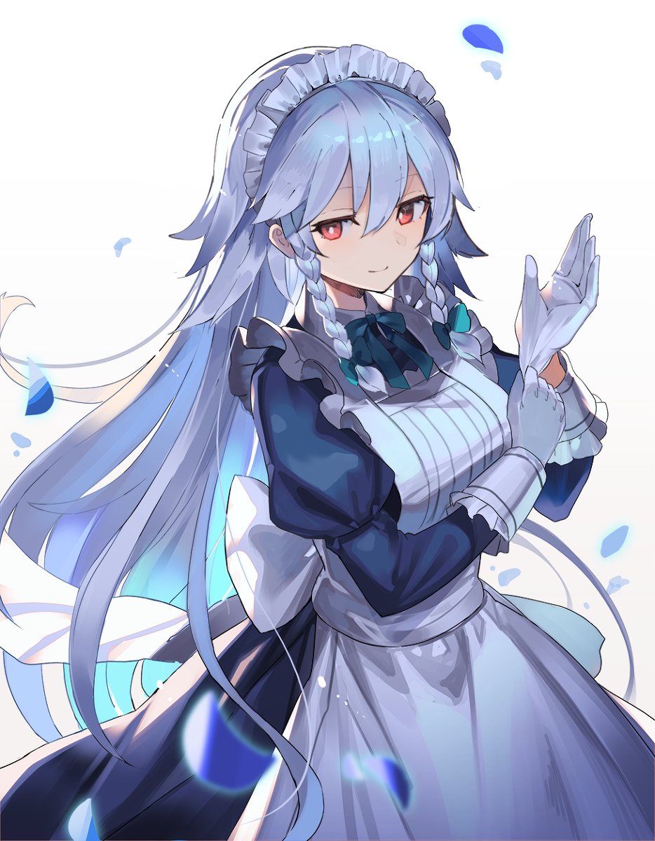 1girl, adjusting_clothes, adjusting_gloves, alternate_hair_length, alternate_hairstyle, blue_hair, braid, closed_mouth