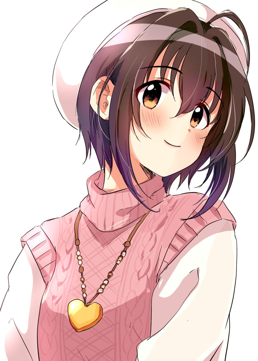 1girl, ahoge, black_hair, blush, brown_eyes, closed_mouth, heart, heart_necklace