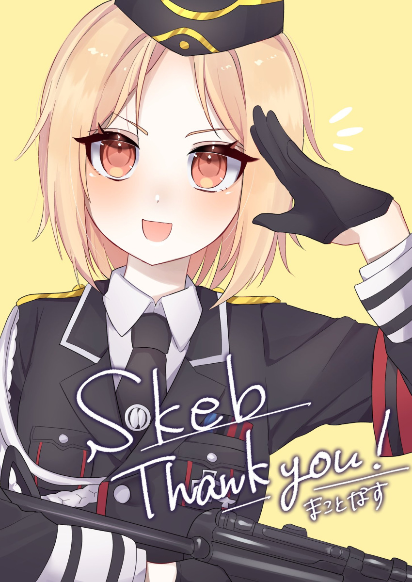 1girl, :d, black_gloves, black_jacket, black_necktie, blonde_hair, collared_shirt, commentary