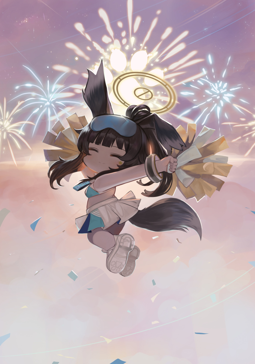 1girl, absurdres, animal_ears, black_hair, blue_archive, blush, breasts, cheerleader