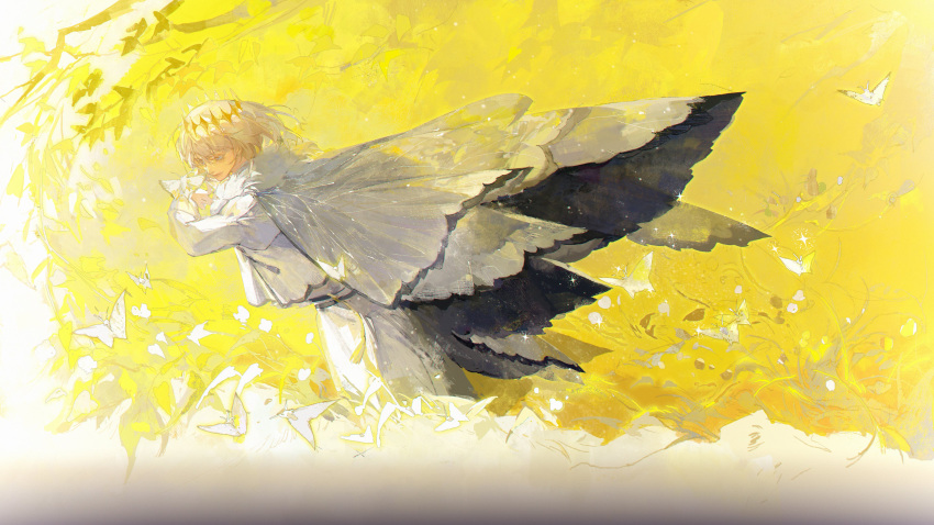 1boy, absurdres, arthropod_boy, blue_eyes, branch, bug, butterfly, butterfly_wings, cape, cloak, closed_mouth, crown, diamond_hairband, eucharist_(susukinoo), fate/grand_order, fate_(series), fur-trimmed_cape, fur-trimmed_cloak, fur_trim, grey_hair, highres, insect_wings, long_sleeves, male_focus, medium_hair, oberon_(fate), shirt, solo, white_shirt, wings, yellow_background