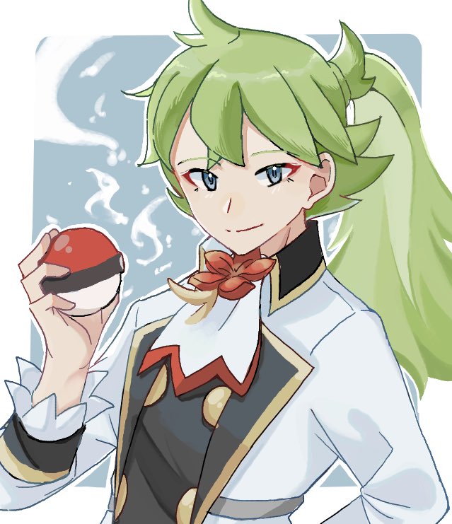 1boy, buttons, closed_mouth, commentary_request, flower, green_hair, grey_eyes, hand_up, holding, holding_poke_ball, jacket, long_hair, looking_at_viewer, male_focus, mocacoffee_1001, n_(anniversary_2021)_(pokemon), n_(pokemon), official_alternate_costume, outline, poke_ball, poke_ball_(basic), pokemon, pokemon_(game), pokemon_masters_ex, ponytail, smile, solo, split_mouth, upper_body, white_jabot, white_jacket