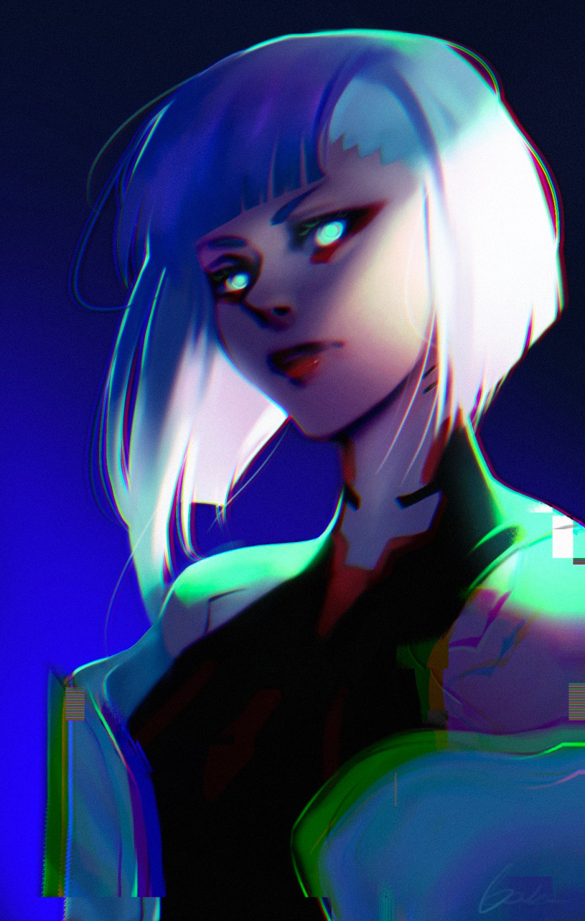 1girl, bakamitaii, blue_background, blue_eyes, blunt_bangs, cyberpunk_(series), cyberpunk_edgerunners, english_commentary, glitch, glowing, glowing_eyes, gradient_background, highres, leotard, looking_at_viewer, lucy_(cyberpunk), red_eyeliner, red_lips, short_hair, solo, turtleneck_leotard, upper_body, white_hair