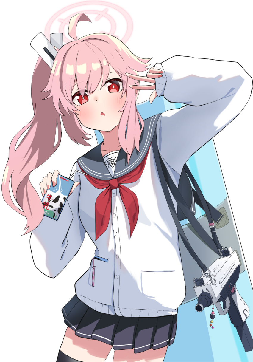 1girl, black_skirt, black_thighhighs, blue_archive, commentary_request, drinking_straw, hair_between_eyes, hair_ornament, halo, highres, holding, inapple, long_hair, long_sleeves, looking_at_viewer, micro_uzi, milk_carton, natsu_(blue_archive), pink_hair, pleated_skirt, red_eyes, riot_shield, school_uniform, serafuku, shield, side_ponytail, sidelocks, simple_background, skirt, solo, thigh-highs, v, white_background, zettai_ryouiki
