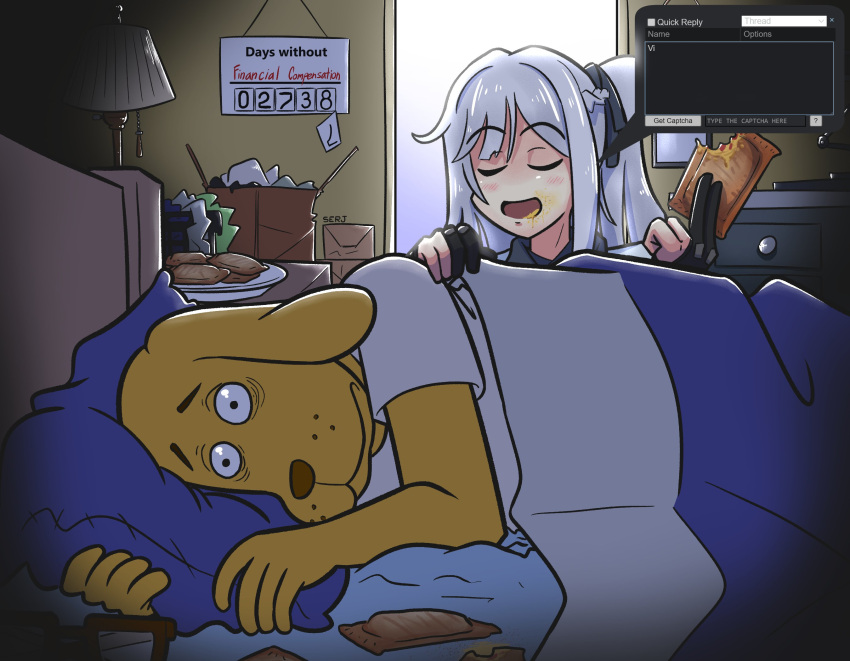 1boy, 1girl, 4chan, ak-12_(girls'_frontline), arthur_(series), artist_name, bags_under_eyes, bed