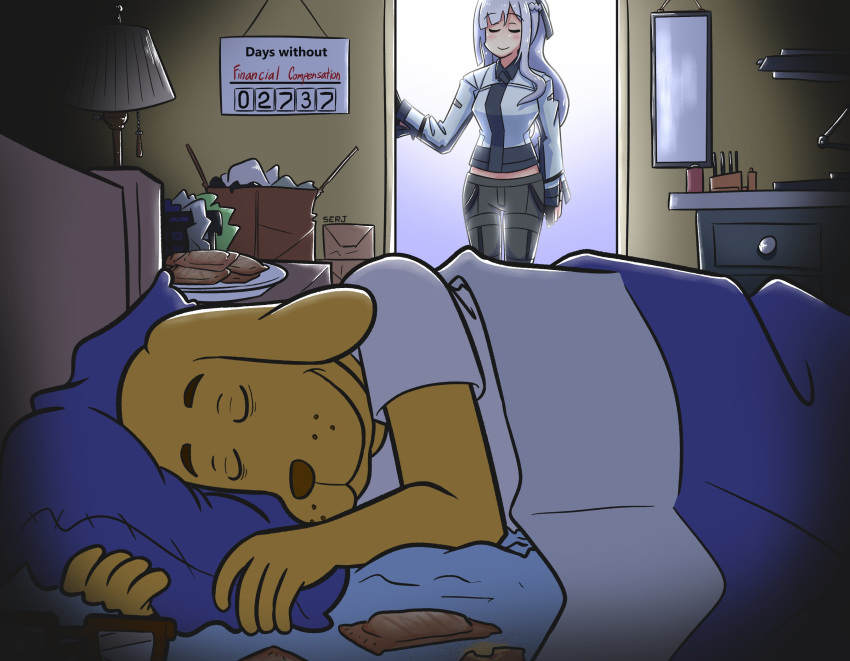 1boy, 1girl, ak-12_(girls'_frontline), arthur_(series), artist_name, bed, bedroom, black_gloves