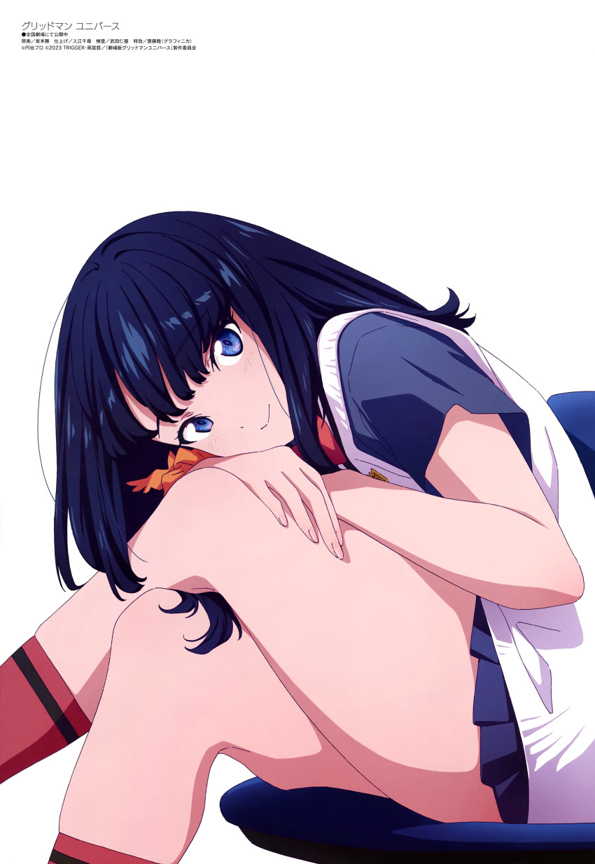 1girl, absurdres, black_hair, black_skirt, blue_eyes, blush, bow, bowtie