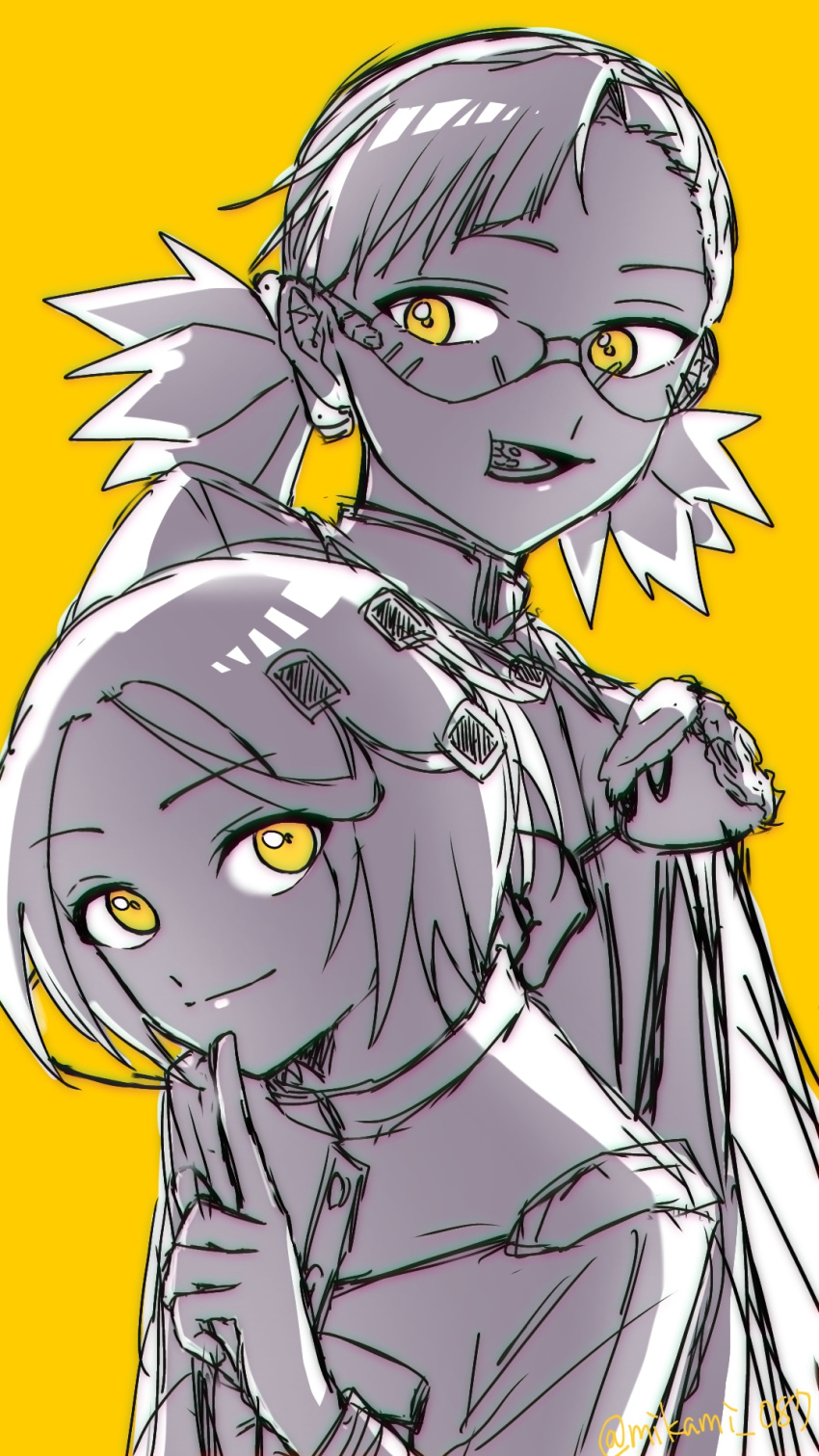 1boy, 1girl, artist_name, cipher_academy, eating, glasses, hair_ornament, highres, horagatoge_kogoe, index_finger_raised, irohazaka_iroha, mikami_089, simple_background, sketch, twintails, upper_body, yellow_background, yellow_theme