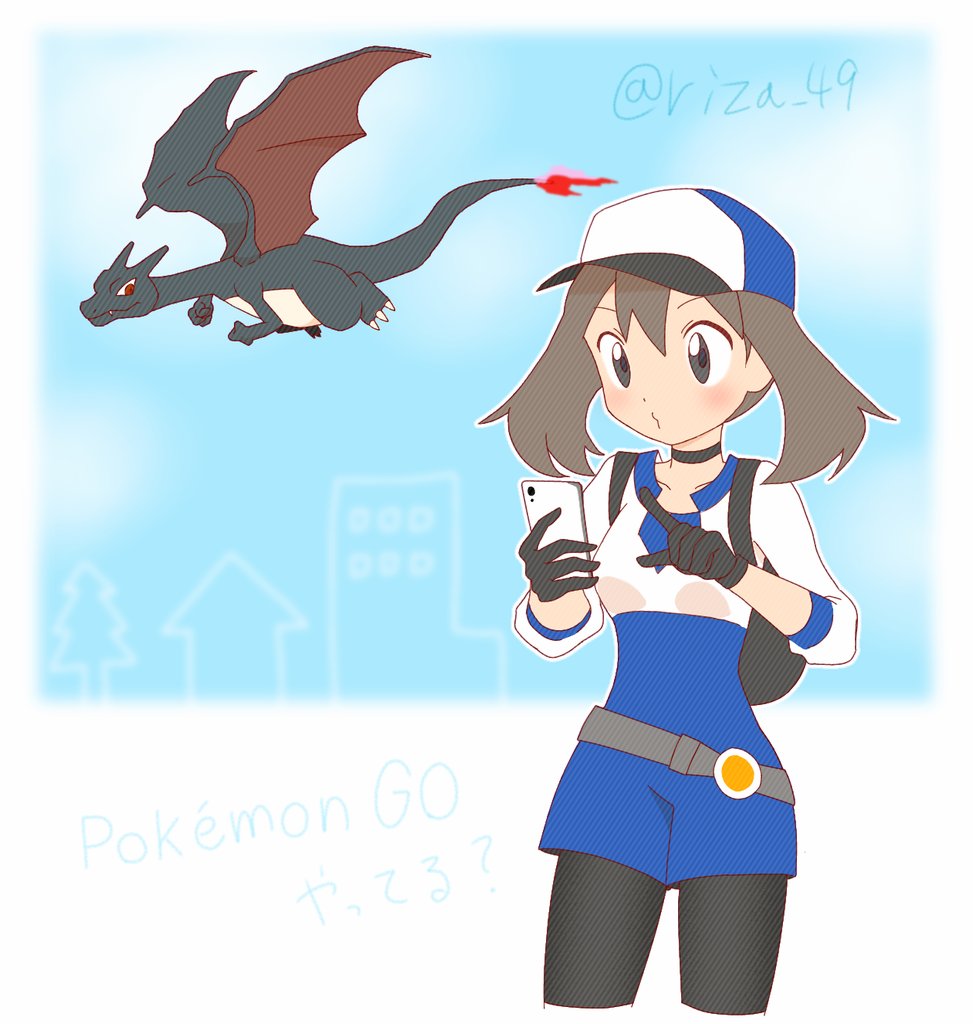 1girl, alternate_color, belt, black_gloves, black_pantyhose, blue_headwear, blue_overalls, blush, brown_hair, cellphone, charizard, closed_mouth, commentary_request, cosplay, cropped_jacket, female_protagonist_(pokemon_go), female_protagonist_(pokemon_go)_(cosplay), gloves, grey_belt, grey_eyes, hat, holding, holding_phone, jacket, looking_down, may_(pokemon), medium_hair, outline, overalls, pantyhose, phone, pokemon, pokemon_(creature), pokemon_(game), pokemon_go, pokemon_rse, shiny_pokemon, shiogi_(riza_49), sleeves_past_elbows, twitter_username, watermark, white_jacket
