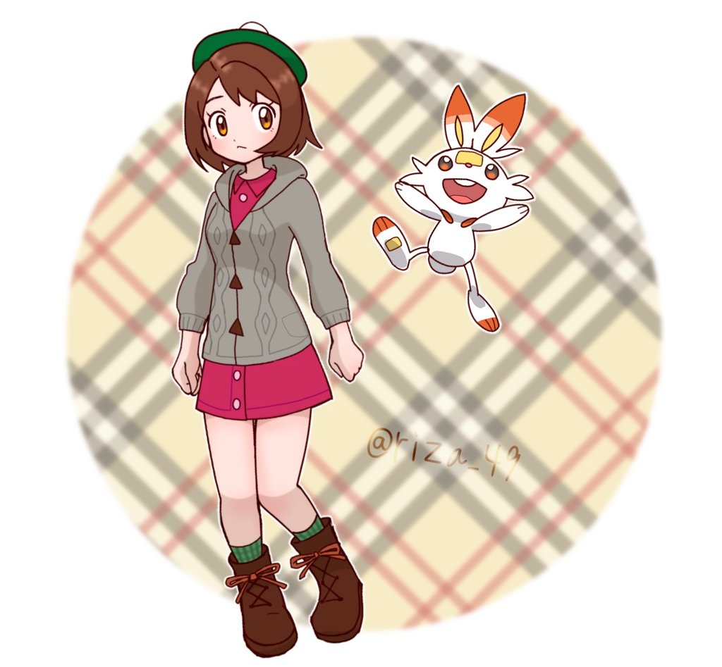 1girl, bob_cut, boots, border, brown_eyes, brown_footwear, brown_hair, buttons