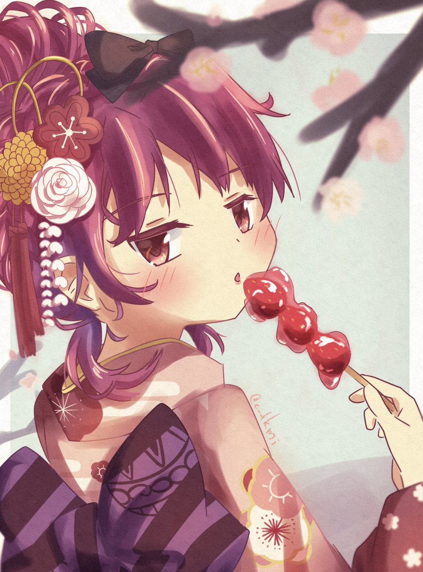 1girl, absurdres, blush, branch, candied_fruit, chokokuro, egasumi, floral_print