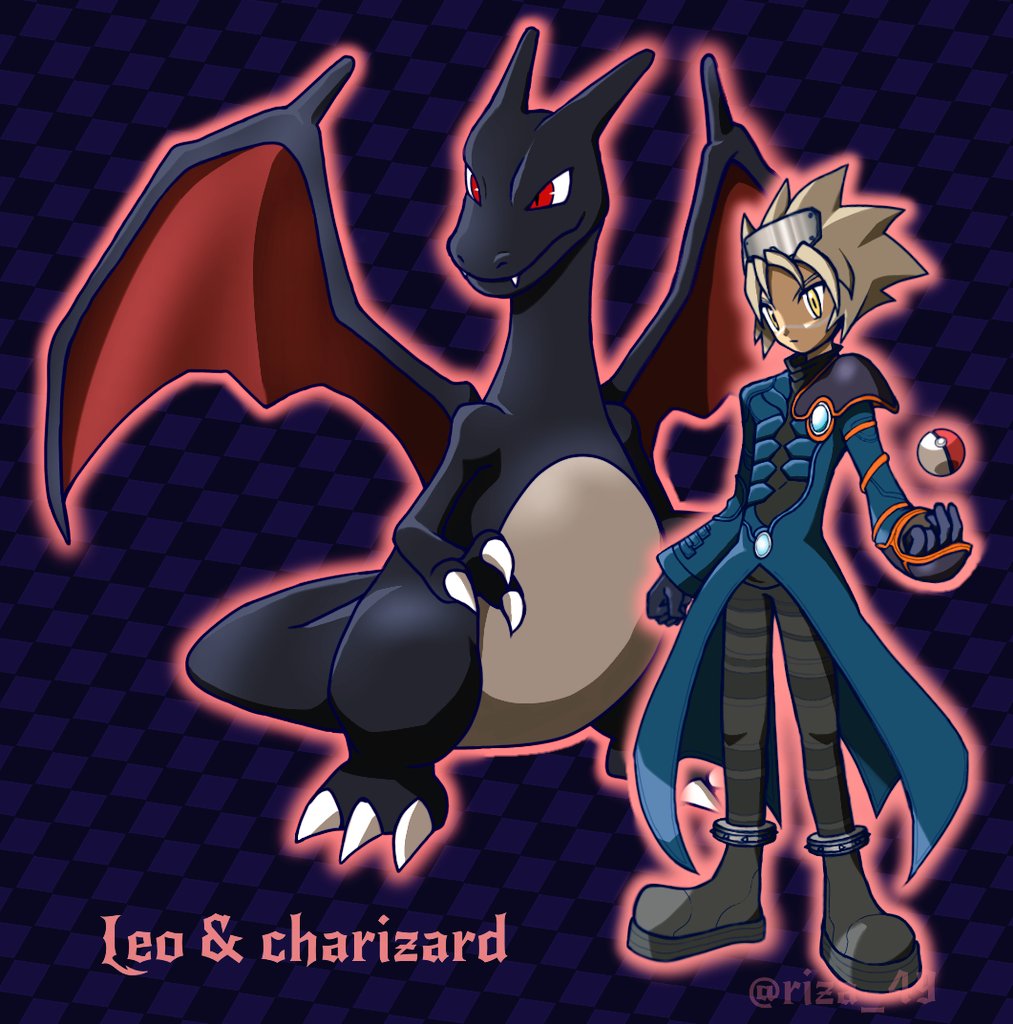 1boy, alternate_color, blonde_hair, blue_coat, boots, character_name, charizard, closed_mouth