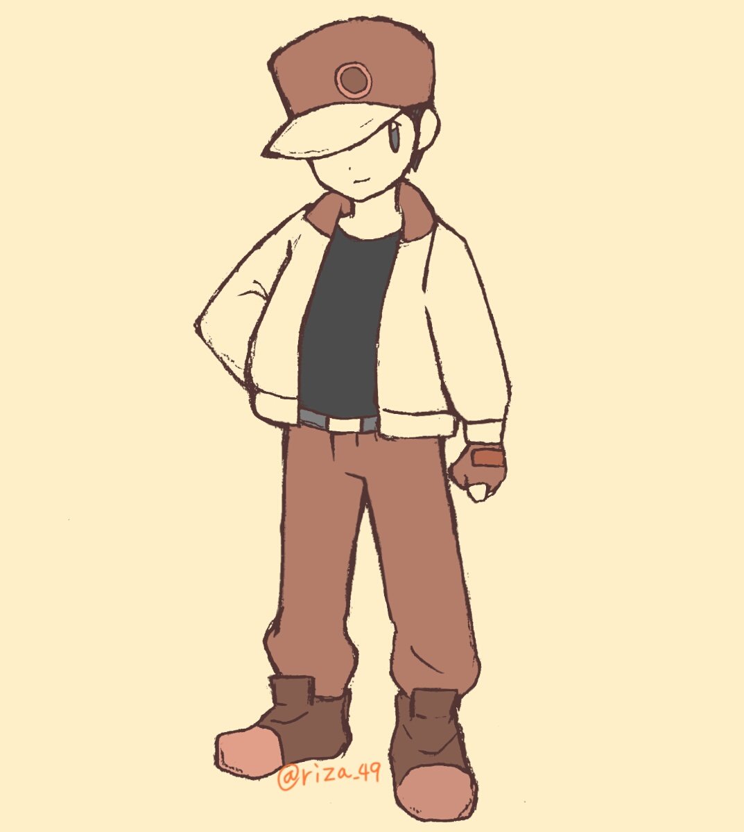 1boy, belt, belt_buckle, black_hair, black_shirt, brown_footwear, brown_headwear, brown_pants