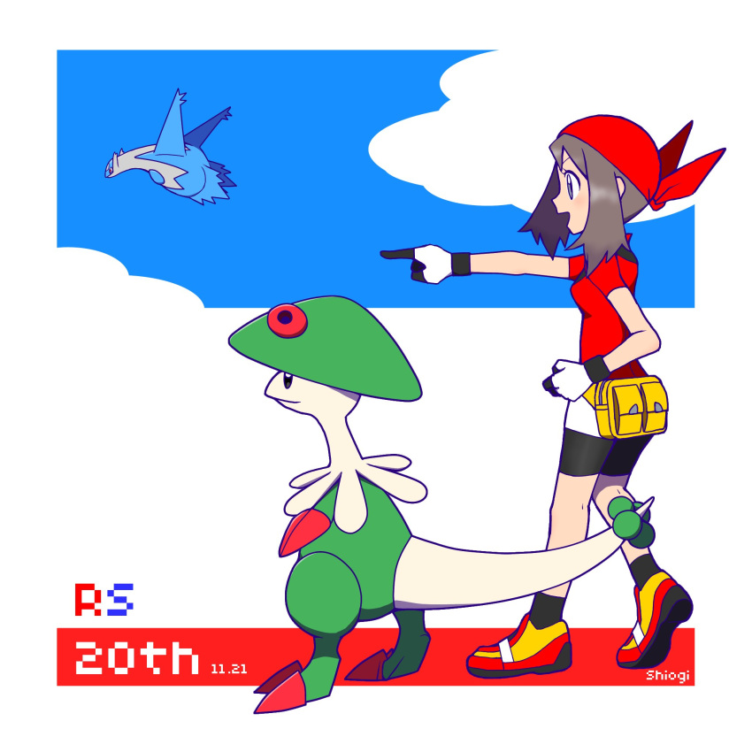 1girl, :d, anniversary, artist_name, bandana, bike_shorts, black_socks, breloom