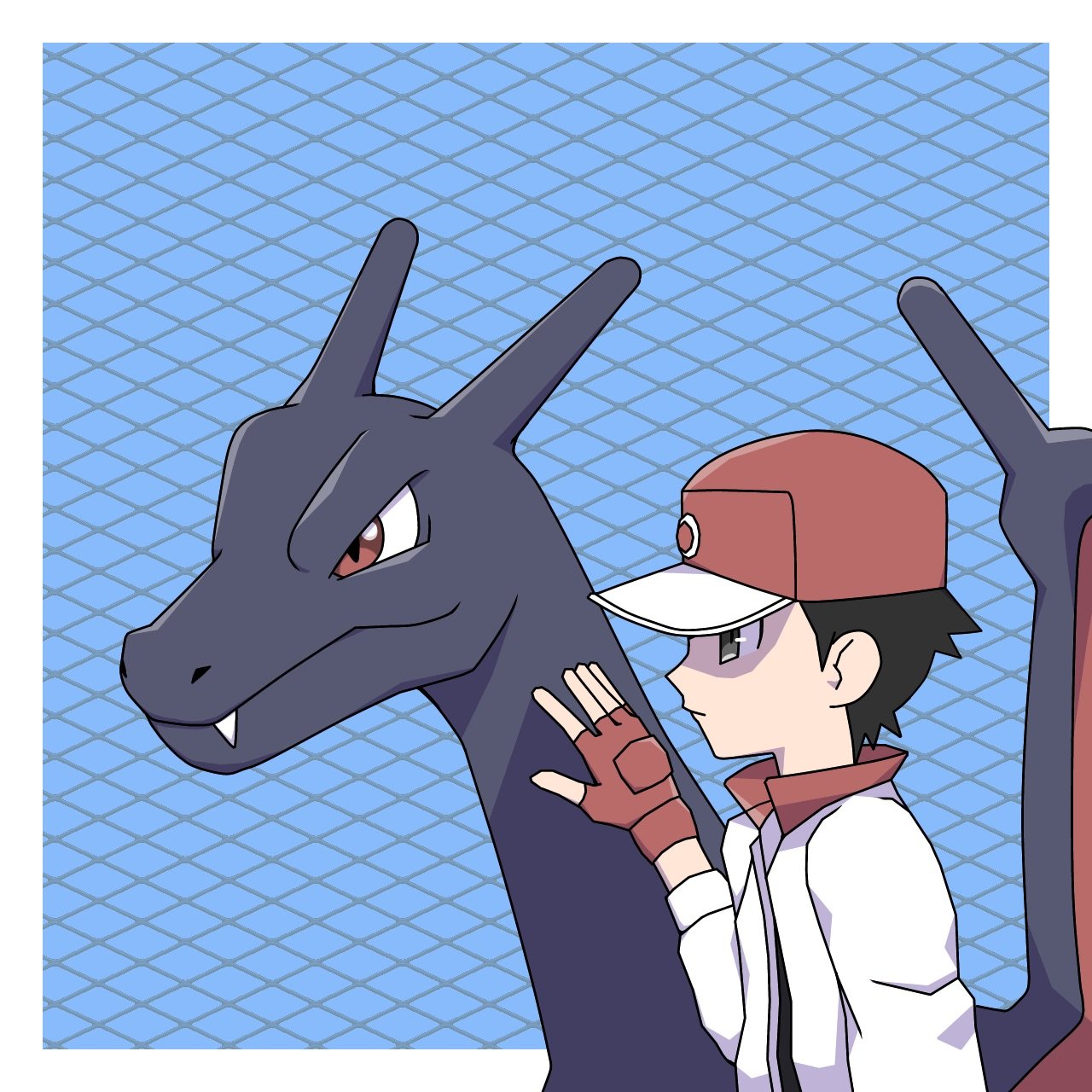 1boy, black_hair, black_shirt, border, brown_gloves, brown_headwear, chain-link_fence, charizard