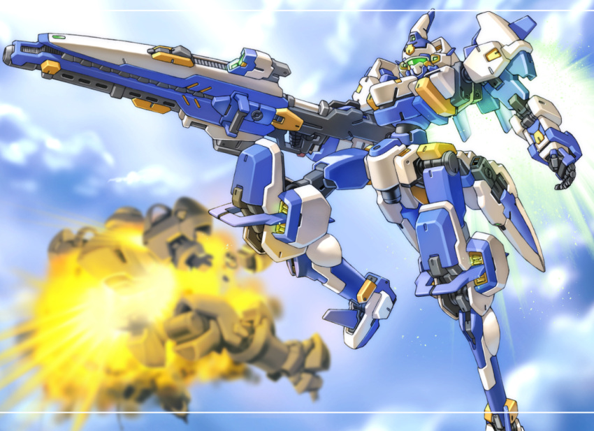 assault_visor, bellzelute, clouds, explosion, gun, holding, holding_gun, holding_weapon