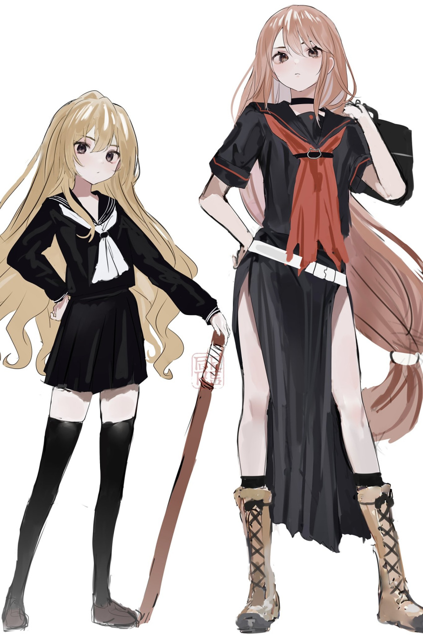 2girls, aisaka_taiga, black_serafuku, black_thighhighs, bokken, boots, brown_footwear, brown_hair