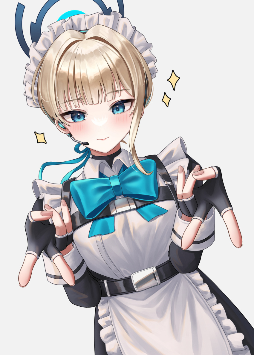 1girl, apron, belt, black_gloves, blue_archive, blue_eyes, bow, bowtie