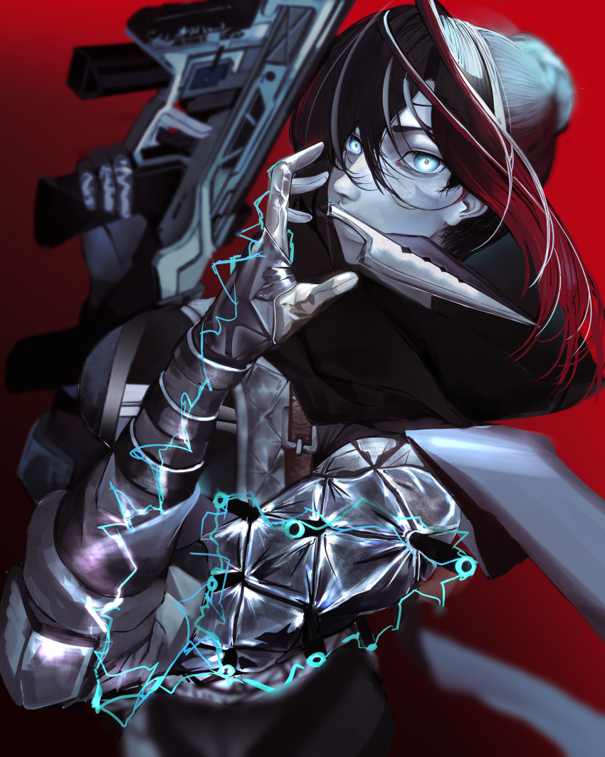 1girl, absurdres, animification, apex_legends, assault_rifle, black_bodysuit, black_hair, black_scarf, blue_eyes, bodysuit, electricity, floating_hair, gloves, gradient_hair, grey_gloves, grey_hair, gun, hair_between_eyes, hair_bun, highres, jdep, kunai, multicolored_hair, open_hand, r-301_carbine, red_background, redhead, rifle, scarf, single_hair_bun, solo, streaked_hair, weapon, weapon_in_mouth, wraith's_kunai, wraith_(apex_legends)